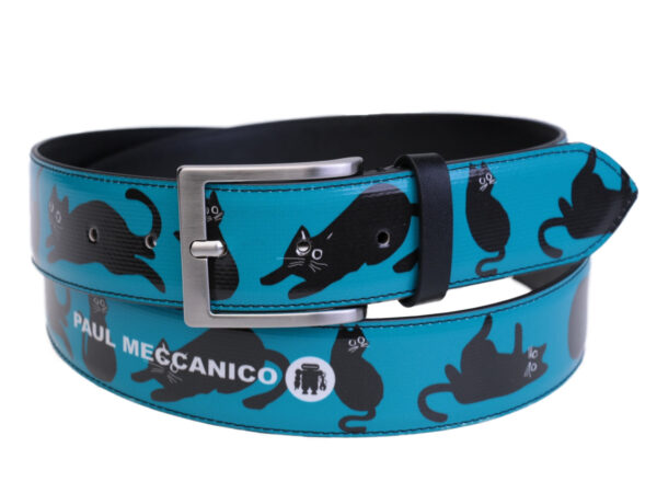LIGHT BLUE MEN'S BELT "KITTENS" MADE OF LORRY TARPAULIN. - Unique Pieces Paul Meccanico