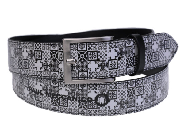 MEN'S BELT BLACK AND WHITE MAJOLICA FANTASY MADE OF LORRY TARPAULIN. - Unique Pieces Paul Meccanico