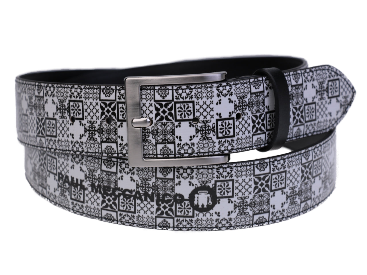 MEN'S BELT BLACK AND WHITE MAJOLICA FANTASY MADE OF LORRY TARPAULIN. - Unique Pieces Paul Meccanico
