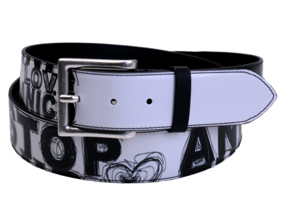 BLACK AND WHITE MEN'S BELT "STOP AND THINK" MADE OF LORRY TARPAULIN. - Unique Pieces Paul Meccanico