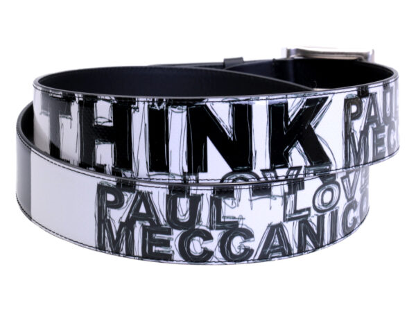 BLACK AND WHITE MEN'S BELT "STOP AND THINK" MADE OF LORRY TARPAULIN. - Unique Pieces Paul Meccanico