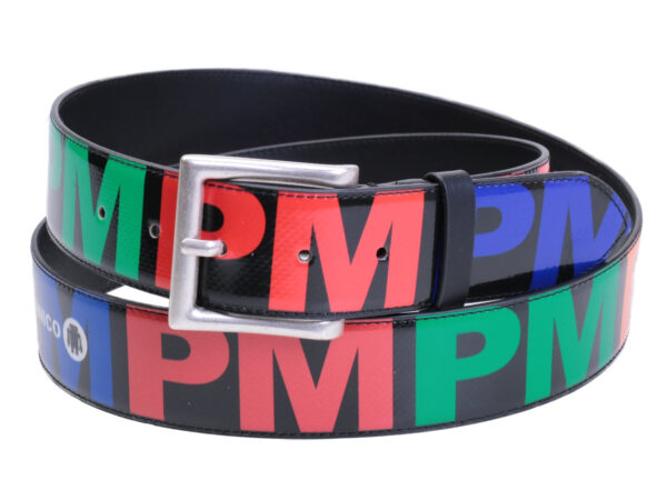 BLACK MEN'S BELT WITH COLOURFUL PM LETTERS MADE OF LORRY TARPAULIN. - Unique Pieces Paul Meccanico