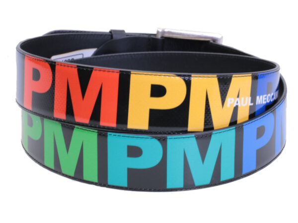BLACK MEN'S BELT WITH COLOURFUL PM LETTERS MADE OF LORRY TARPAULIN. - Unique Pieces Paul Meccanico