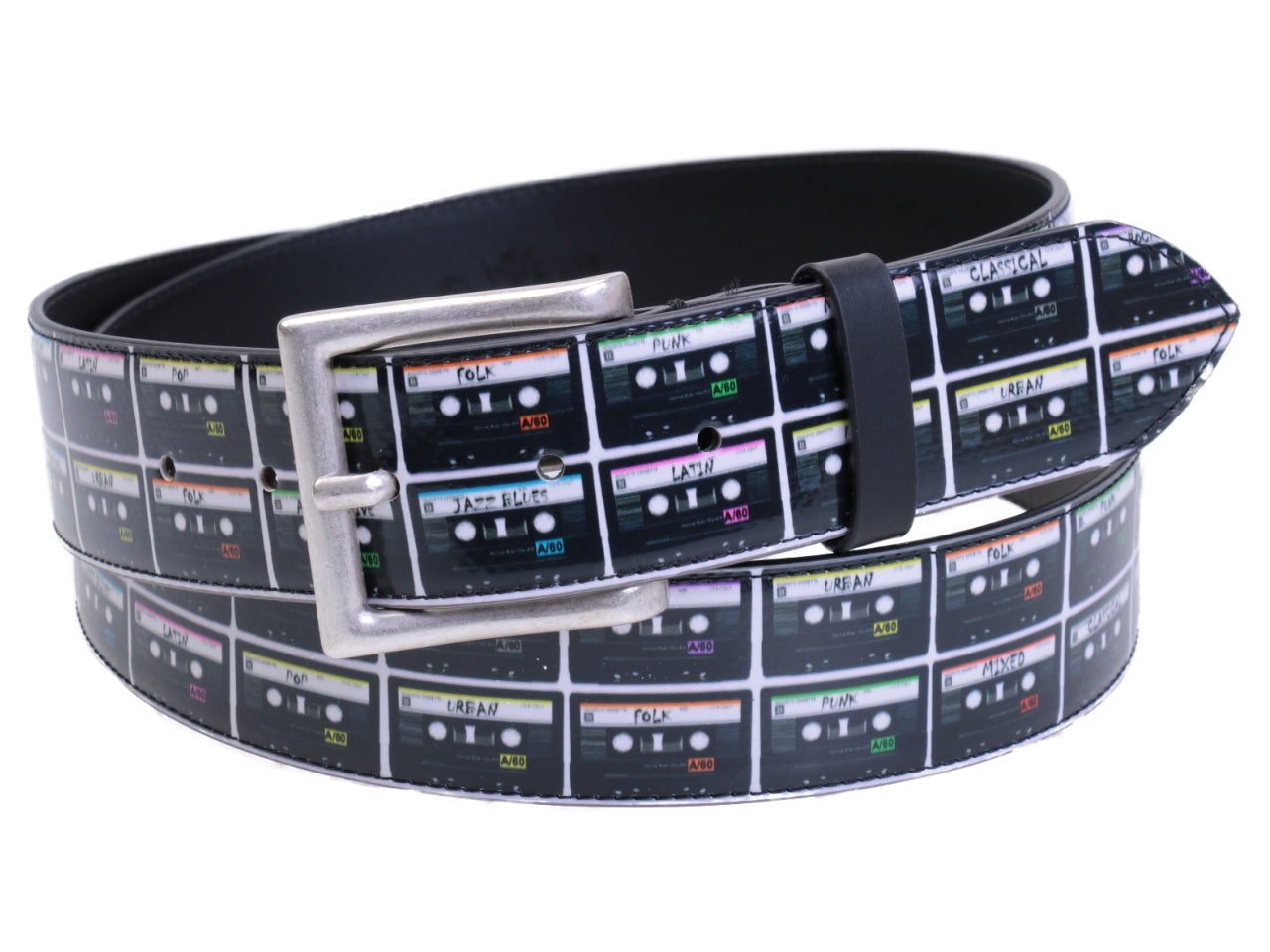 BLACK MEN'S BELT "PRERECORDED CASSETTE" MADE OF LORRY TARPAULIN. - Unique Pieces Paul Meccanico