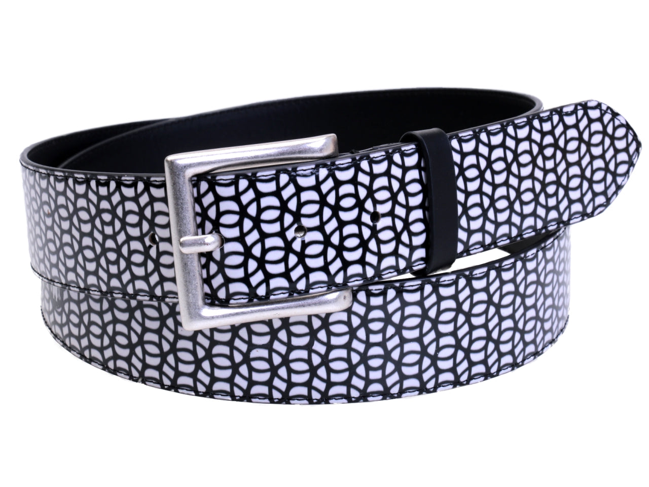 ...BLACK AND WHITE MEN'S BELT WITH GEOMETRIC FANTASY MADE OF LORRY TARPAULIN. - Unique Pieces Paul Meccanico