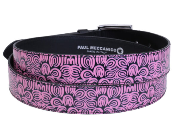 PINK AND BLACK WOMEN'S BELT WITH MAJOLICA FANTASY MADE OF LORRY TARPAULIN. - Unique Pieces Paul Meccanico