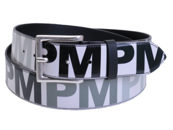 MEN'S BELT BLACK, WHITE AND GREY WITH LETTERING FANTASY MADE OF LORRY TARPAULIN. - Unique Pieces Paul Meccanico