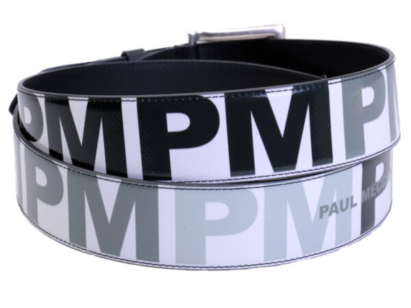 MEN'S BELT BLACK, WHITE AND GREY WITH LETTERING FANTASY MADE OF LORRY TARPAULIN. - Unique Pieces Paul Meccanico