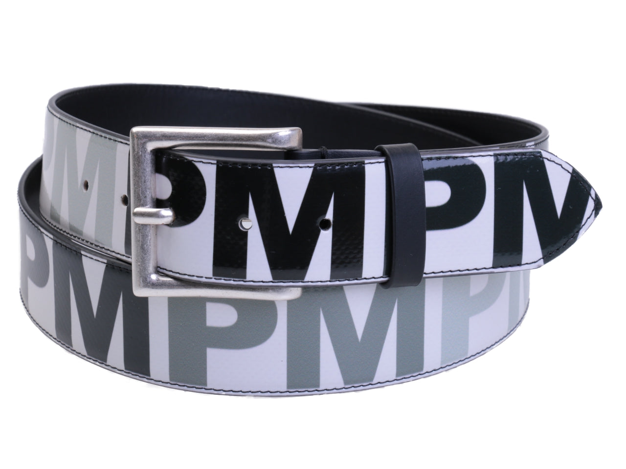 MEN'S BELT BLACK, WHITE AND GREY WITH LETTERING FANTASY MADE OF LORRY TARPAULIN. - Unique Pieces Paul Meccanico