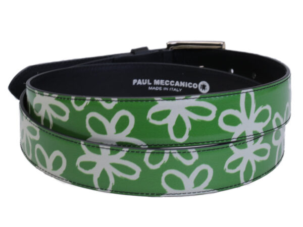 GREEN WOMEN'S BELT WITH FLORAL FANTASY MADE OF LORRY TARPAULIN. - Unique Pieces Paul Meccanico