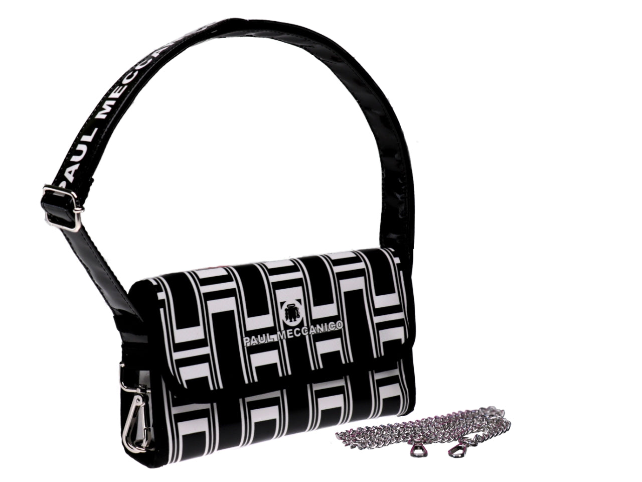 CLUTCH BAG BLACK AND WHITE GEOMETRIC FANTASY. MODEL CANDY MADE OF LORRY TARPAULIN. - Limited Edition Paul Meccanico