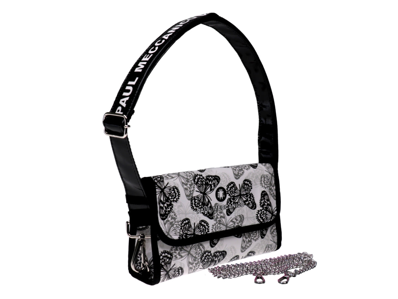 CLUTCH BAG BLACK AND WHITE "BUTTERFLIES". MODEL CANDY MADE OF LORRY TARPAULIN. - Limited Edition Paul Meccanico