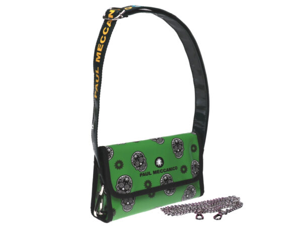 GREEN CLUTCH BAG "SKULLS". MODEL CANDY MADE OF LORRY TARPAULIN. - Limited Edition Paul Meccanico