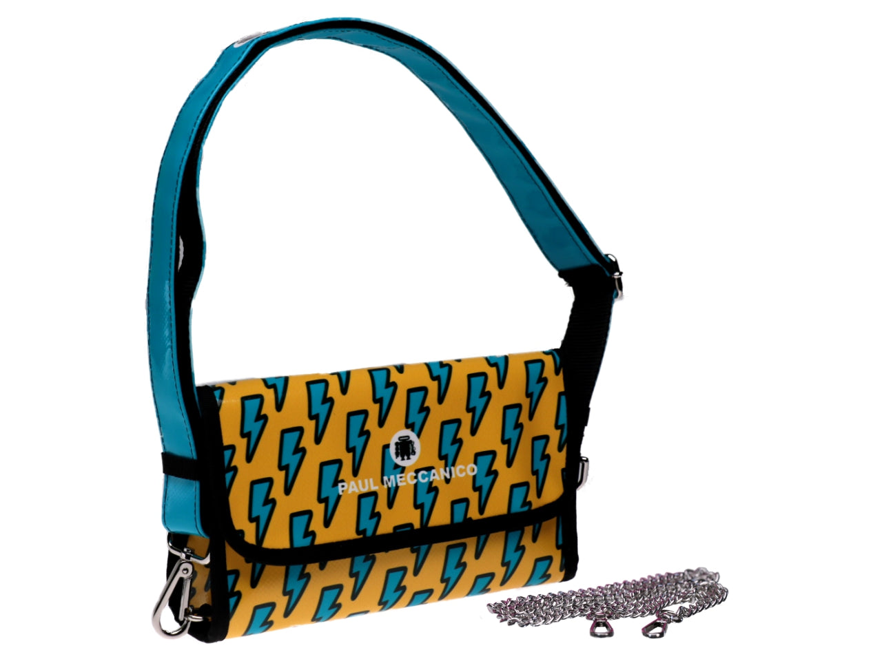 CLUTCH BAG YELLOW AND TURQUOISE "LIGHTNING". MODEL CANDY MADE OF LORRY TARPAULIN. - Limited Edition Paul Meccanico