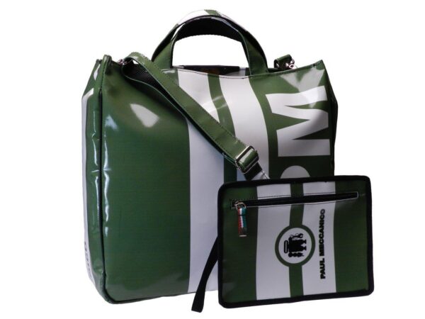 DARK OLIVE GREEN AND WHITE TOTE BAG. AIRSTONE MODEL MADE OF LORRY TARPAULIN. - Unique Pieces Paul Meccanico