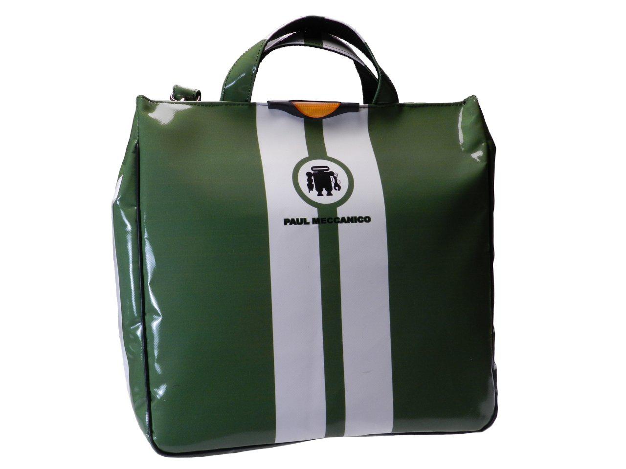 DARK OLIVE GREEN AND WHITE TOTE BAG. AIRSTONE MODEL MADE OF LORRY TARPAULIN. - Unique Pieces Paul Meccanico
