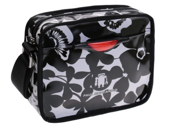SMALL CROSSBODY BAG BLACK AND WHITE WITH FLORAL FANTASY. MODEL FRIK MADE OF LORRY TARPAULIN. - Limited Edition Paul Meccanico