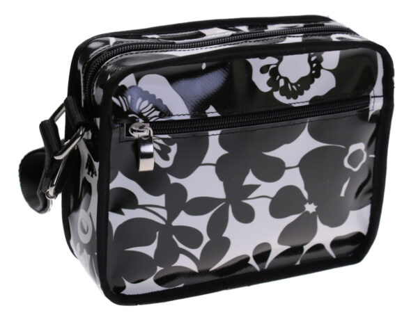 SMALL CROSSBODY BAG BLACK AND WHITE WITH FLORAL FANTASY. MODEL FRIK MADE OF LORRY TARPAULIN. - Limited Edition Paul Meccanico