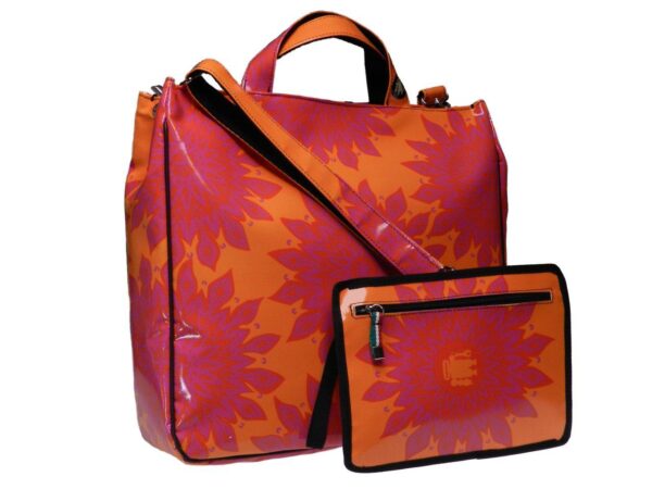 FUXIA AND ORANGE TOTE BAG WITH ETHNIC FANTASY. AIRSTONE MODEL MADE OF LORRY TARPAULIN. - Unique Pieces Paul Meccanico