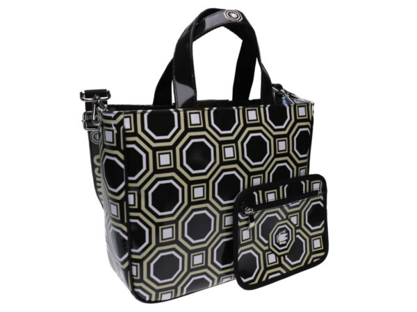 TOTE BAG BLACK, WHITE AND BEIGE WITH GEOMETRIC FANTASY. MODEL GLAM MADE OF LORRY TARPAULIN. - Unique Pieces Paul Meccanico