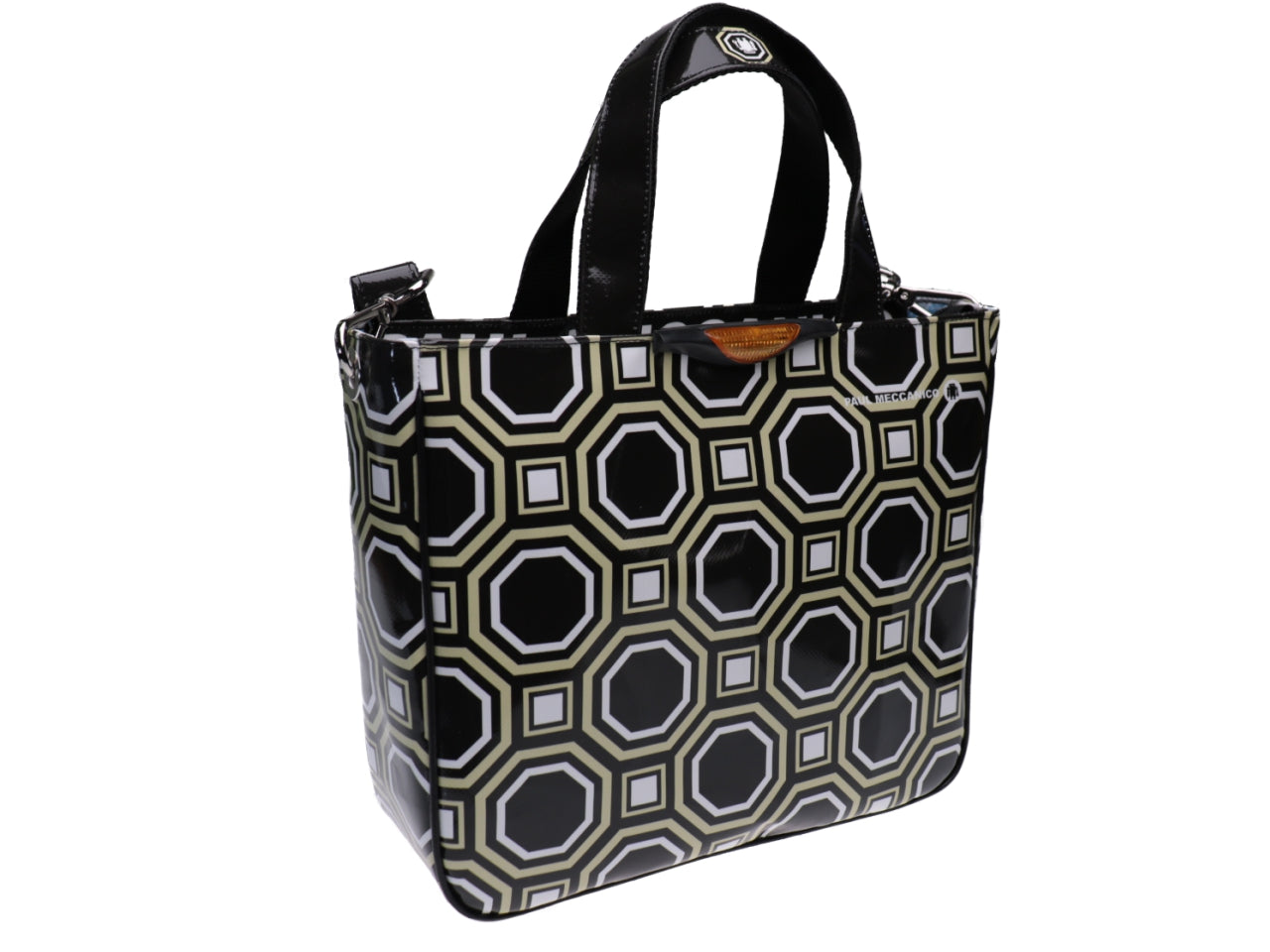 TOTE BAG BLACK, WHITE AND BEIGE WITH GEOMETRIC FANTASY. MODEL GLAM MADE OF LORRY TARPAULIN. - Unique Pieces Paul Meccanico