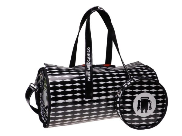 GYM BAG BLACK AND WHITE COLOURS. ROLLING MODEL MADE OF LORRY TARPAULIN. - Unique Pieces Paul Meccanico