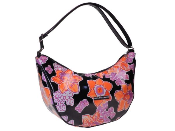 CRESCENT BAG BLACK WITH FLORAL FANTASY. MODEL SPLIT MADE OF LORRY TARPAULIN. - Limited Edition Paul Meccanico