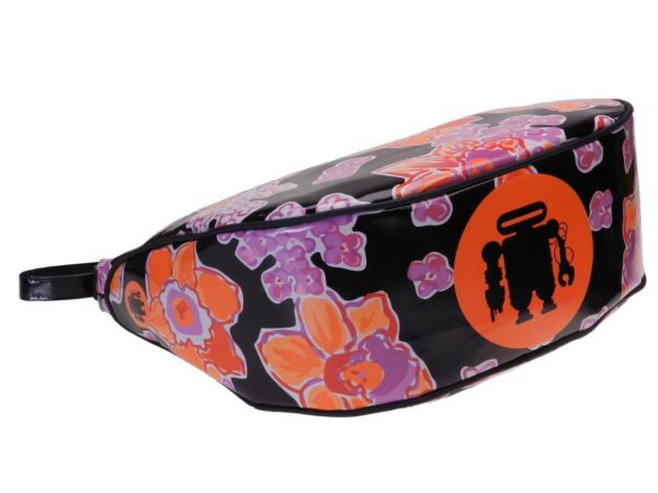 CRESCENT BAG BLACK WITH FLORAL FANTASY. MODEL SPLIT MADE OF LORRY TARPAULIN. - Limited Edition Paul Meccanico