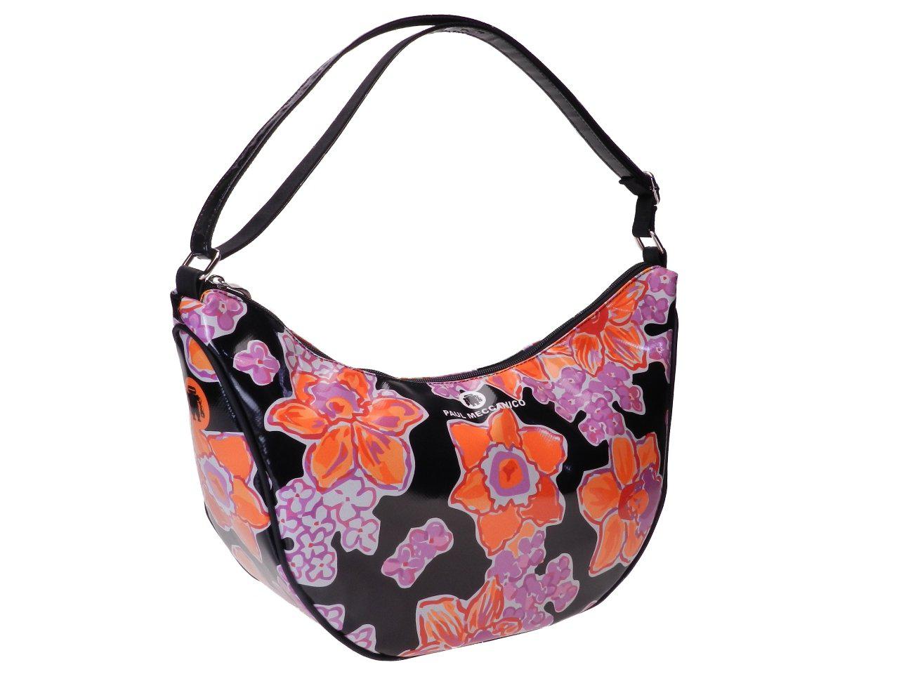 CRESCENT BAG BLACK WITH FLORAL FANTASY. MODEL SPLIT MADE OF LORRY TARPAULIN. - Limited Edition Paul Meccanico