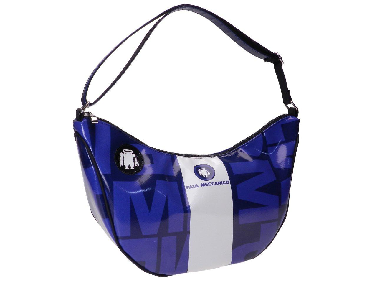 HALF-MOON BAG BLUE COLOUR LETTERING FANTASY. SPLIT MODEL MADE OF LORRY TARPAULIN. - Limited Edition Paul Meccanico