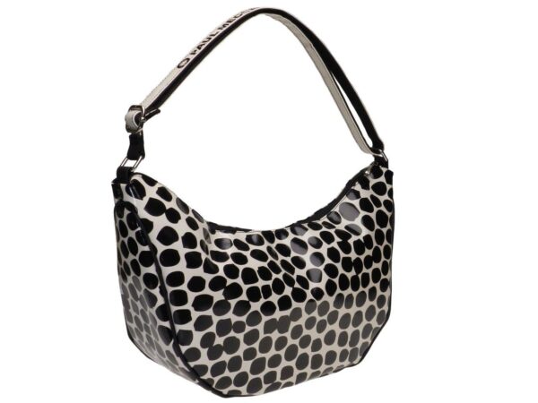 HALF-MOON BAG OFF WHITE AND BLACK COLOURS COLOURS ANIMALIER FANTASY. SPLIT MODEL MADE OF LORRY TARPAULIN. - Limited Edition Paul Meccanico