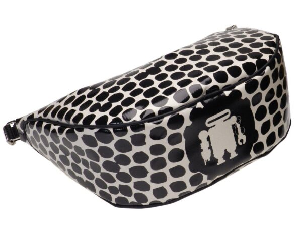 HALF-MOON BAG OFF WHITE AND BLACK COLOURS COLOURS ANIMALIER FANTASY. SPLIT MODEL MADE OF LORRY TARPAULIN. - Limited Edition Paul Meccanico