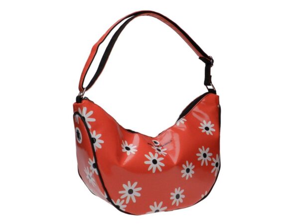 CRESCENT BAG ORANGE WITH FLORAL FANTASY. MODEL SPLIT MADE OF LORRY TARPAULIN. - Limited Edition Paul Meccanico