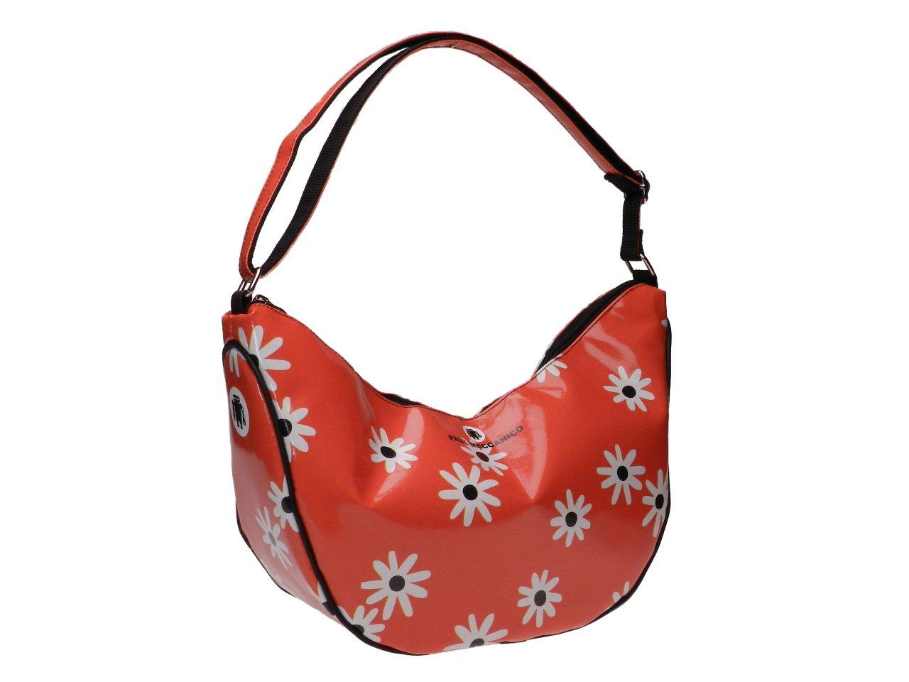 CRESCENT BAG ORANGE WITH FLORAL FANTASY. MODEL SPLIT MADE OF LORRY TARPAULIN. - Limited Edition Paul Meccanico