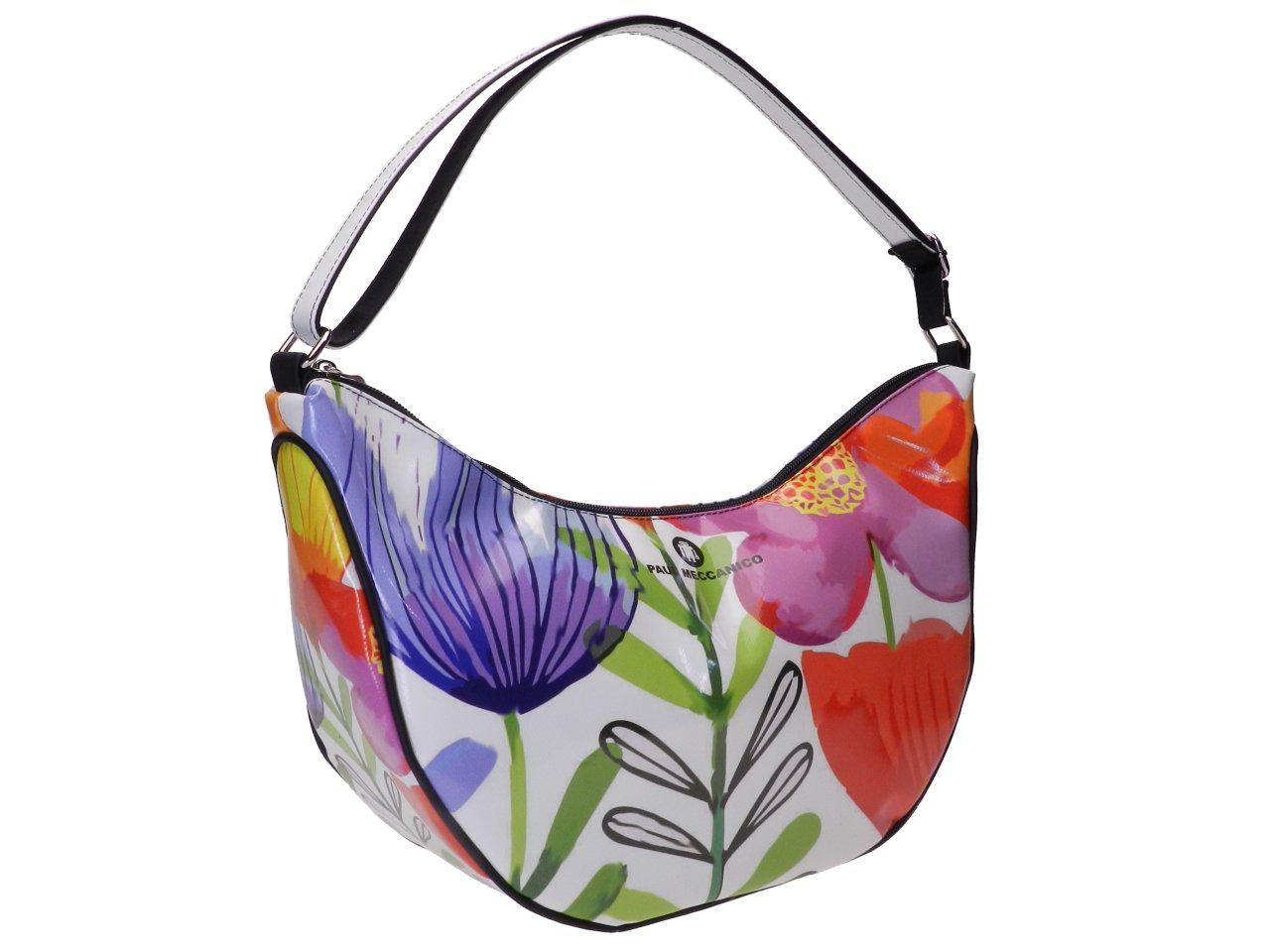 HALF-MOON BAG WHITE COLOUR FLORAL FANTASY. SPLIT MODEL MADE OF LORRY TARPAULIN. - Limited Edition Paul Meccanico