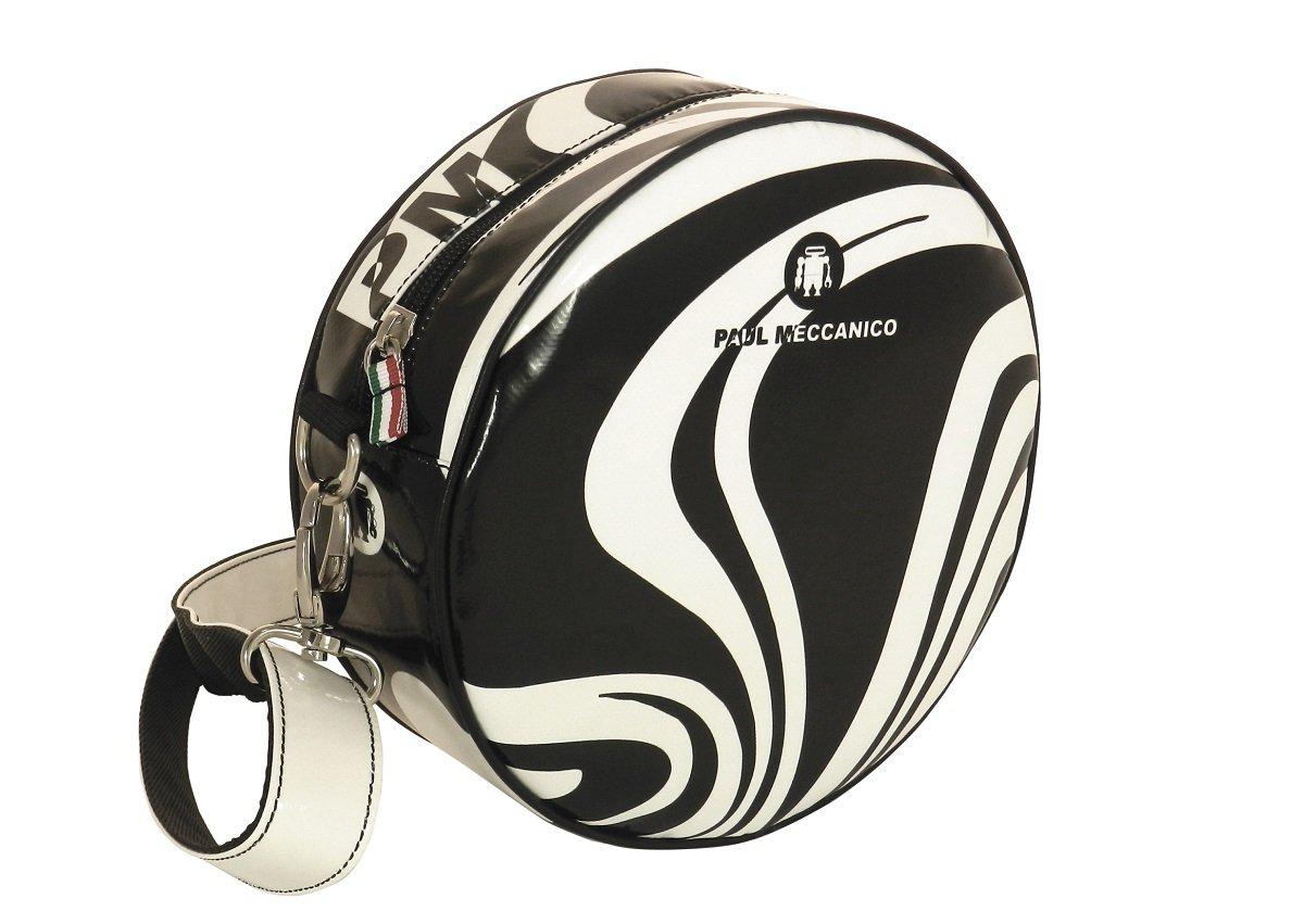 HANDLE OR SHOULDER CLUTCH BAG BLACK AND WHITE. GIRO' MODEL MADE OF LORRY TARPAULIN. THIS ARTICLE IS SLIGHTLY SPOTTED. - Paul Meccanico