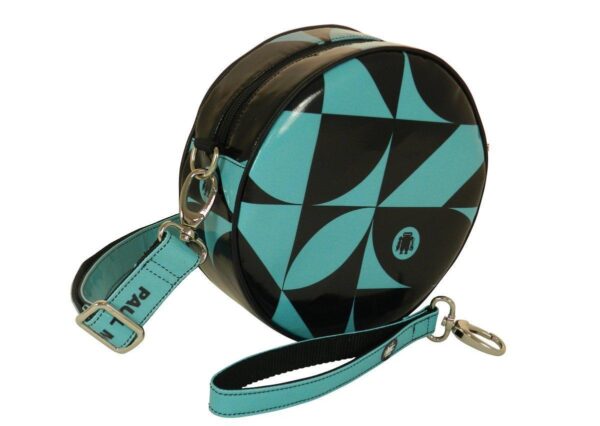HANDLE OR SHOULDER CLUTCH BAG LIGHT GREEN AND BLACK COLOURS WHIT GEOMETRIC FANTASY. GIRO' MODEL MADE OF LORRY TARPAULIN. - Paul Meccanico