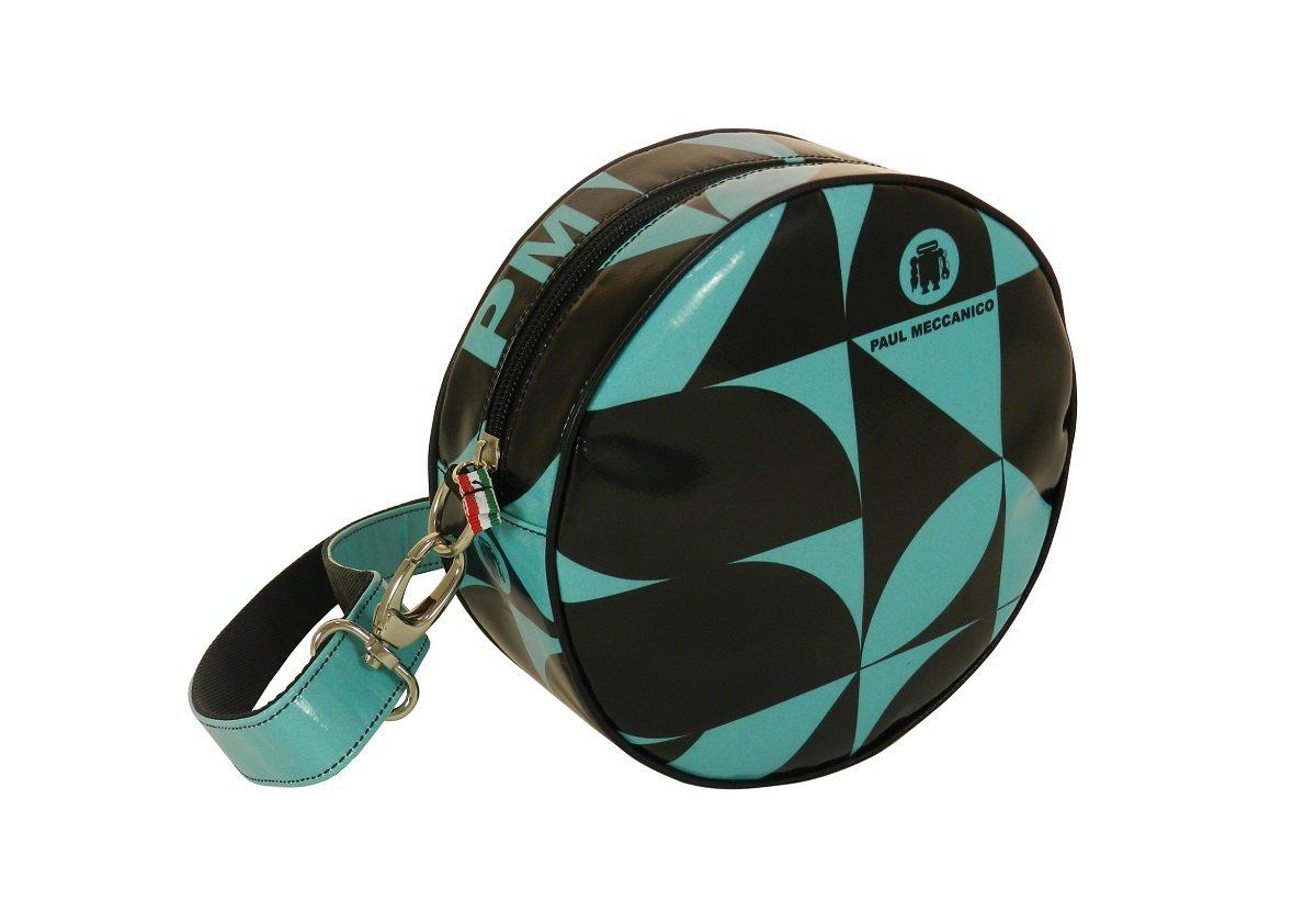 HANDLE OR SHOULDER CLUTCH BAG LIGHT GREEN AND BLACK COLOURS WHIT GEOMETRIC FANTASY. GIRO' MODEL MADE OF LORRY TARPAULIN. - Paul Meccanico