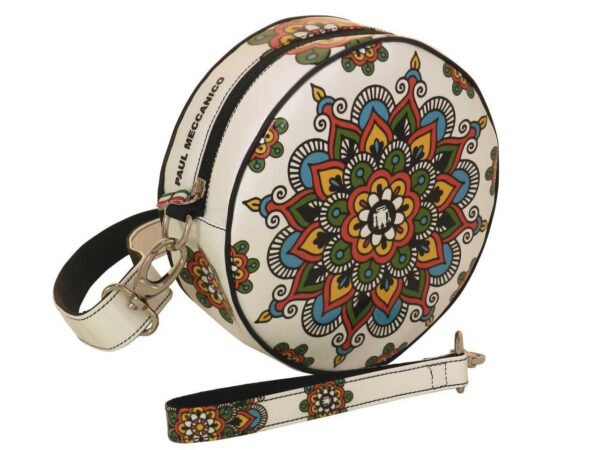 HANDLE OR SHOULDER CLUTCH BAG WHITE COLOUR WITH MANDALA FANTASY. GIRO' MODEL MADE OF LORRY TARPAULIN. - Paul Meccanico