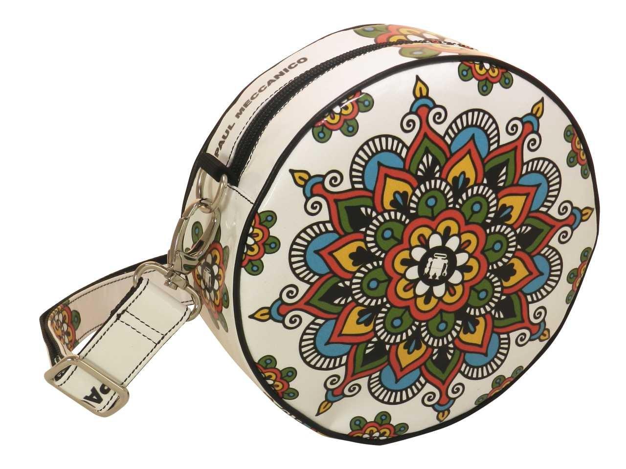 HANDLE OR SHOULDER CLUTCH BAG WHITE COLOUR WITH MANDALA FANTASY. GIRO' MODEL MADE OF LORRY TARPAULIN. - Paul Meccanico