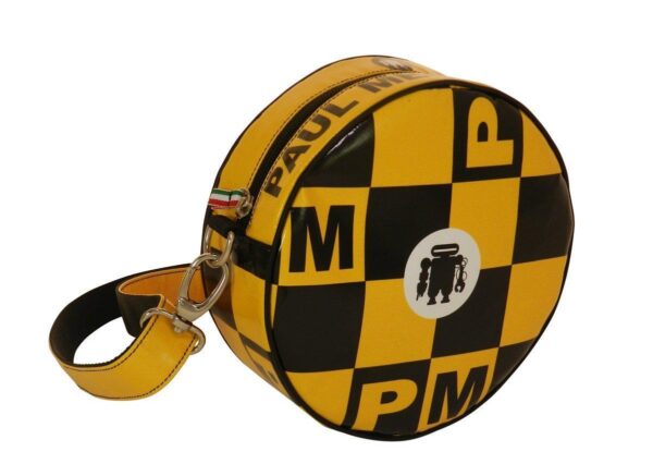 HANDLE OR SHOULDER CLUTCH BAG YELLOW AND BLACK COLOURS GRAND PRIX STYLE. GIRO' MODEL MADE OF LORRY TARPAULIN. - Paul Meccanico