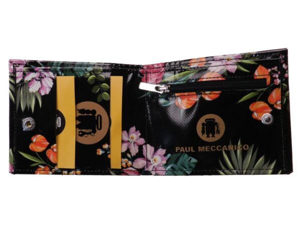 MAN WALLET BLACK COLOUR FLORAL FANTASY WITH TIGER PRINT. CRIK MODEL MADE OF LORRY TARPAULIN. - Limited Edition Paul Meccanico