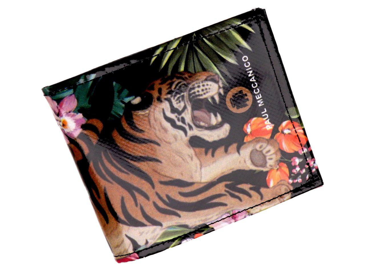 MAN WALLET BLACK COLOUR FLORAL FANTASY WITH TIGER PRINT. CRIK MODEL MADE OF LORRY TARPAULIN. - Limited Edition Paul Meccanico