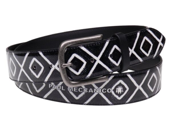 MAN'S BELT BLACK AND WHITE COLOURS GEOMETRIC FANTASY MADE OF LORRY TARPAULIN. - Paul Meccanico