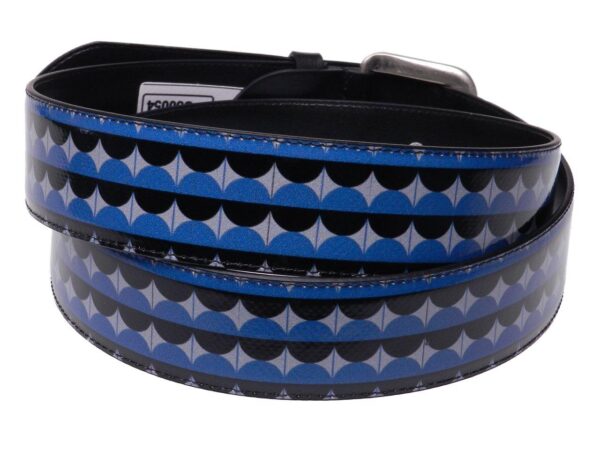 MAN'S BELT BLACK, BLUE AND GREY COLOURS GEOMETRIC FANTASY MADE OF LORRY TARPAULIN. - Paul Meccanico