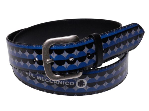 MAN'S BELT BLACK, BLUE AND GREY COLOURS GEOMETRIC FANTASY MADE OF LORRY TARPAULIN. - Paul Meccanico