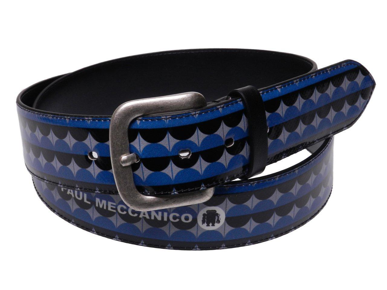 MAN'S BELT BLACK, BLUE AND GREY COLOURS GEOMETRIC FANTASY MADE OF LORRY TARPAULIN. - Paul Meccanico