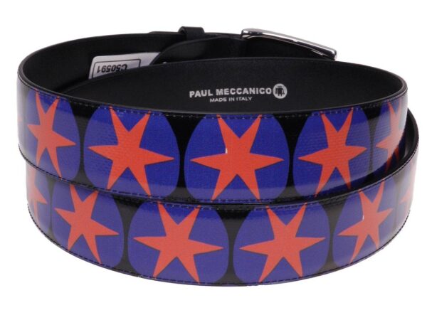 MAN'S BELT BLACK, BLUE AND ORANGE COLOURS WITH STARS PRINT MADE OF LORRY TARPAULIN. - Unique Pieces Paul Meccanico