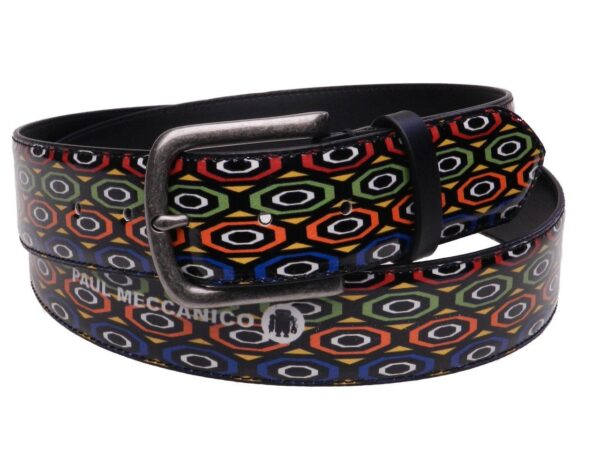 MAN'S BELT BLACK MULTICOLOR GEOMETRIC FANTASY MADE OF LORRY TARPAULIN. - Paul Meccanico