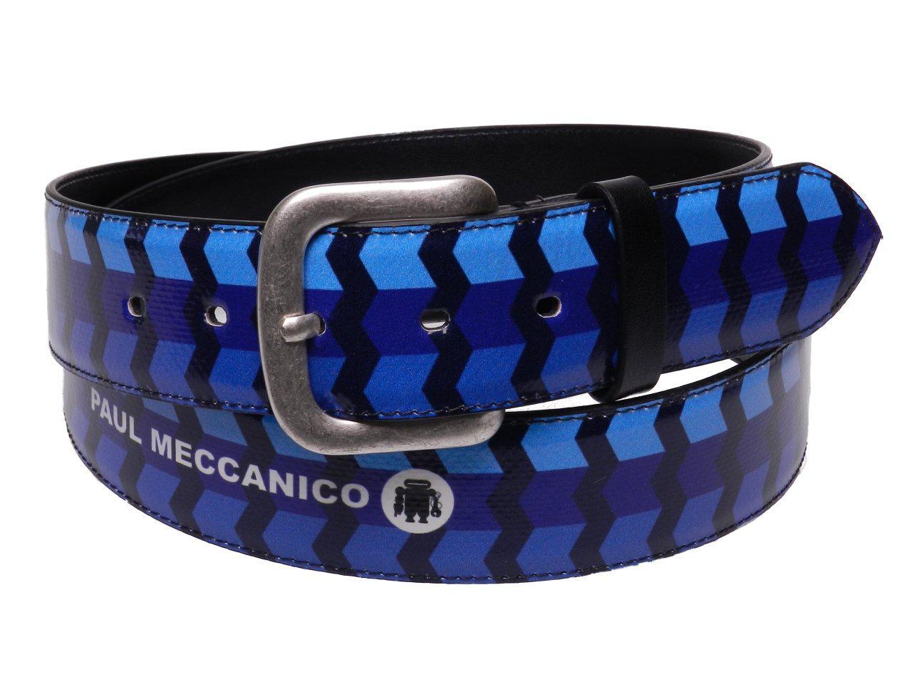 MAN'S BELT BLUE COLOUR GEOMETRIC FANTASY MADE OF LORRY TARPAULIN. - Paul Meccanico